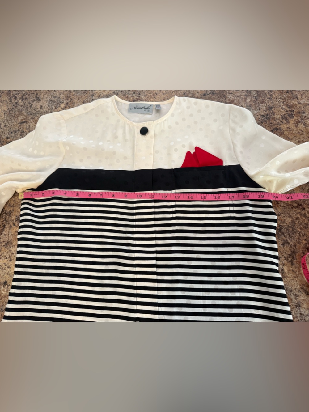 VINTAGE Adrianna Papell 100% Silk Mixed Print Striped Polka Dot Blouse Size 6 - Picture 5 of 6